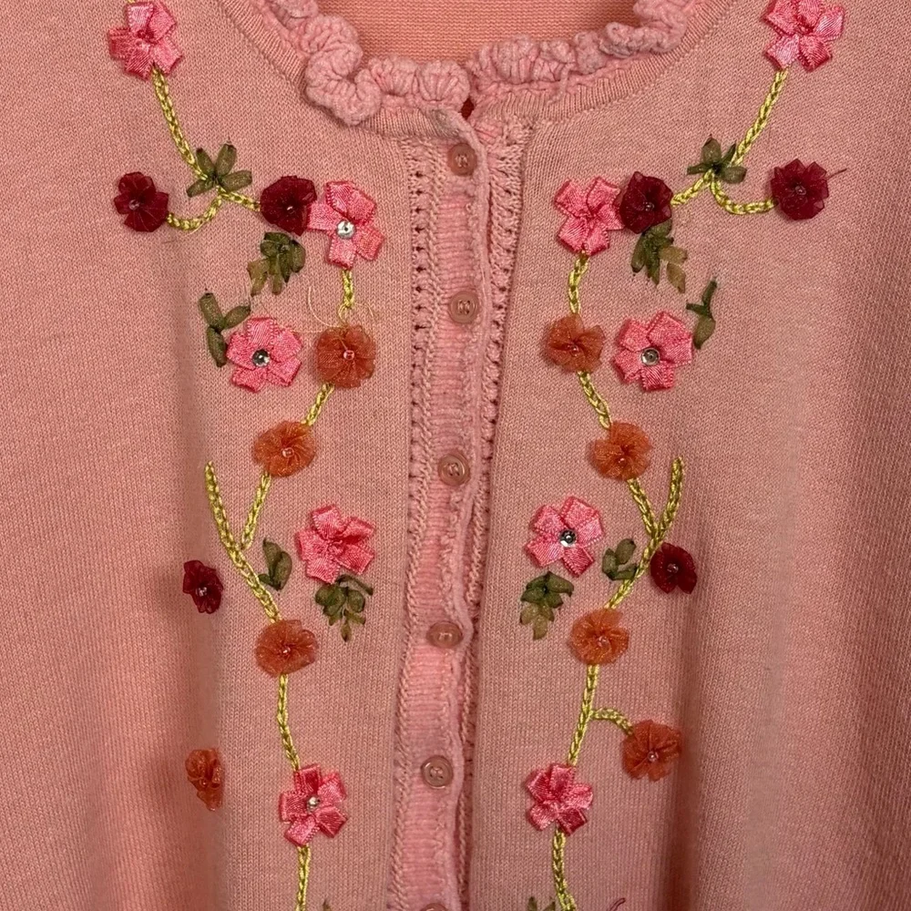 Betsey Johnson Vintage Pink Knit Cardigan Floral Embroidered Sweater whimsy sm - Picture 5 of 12